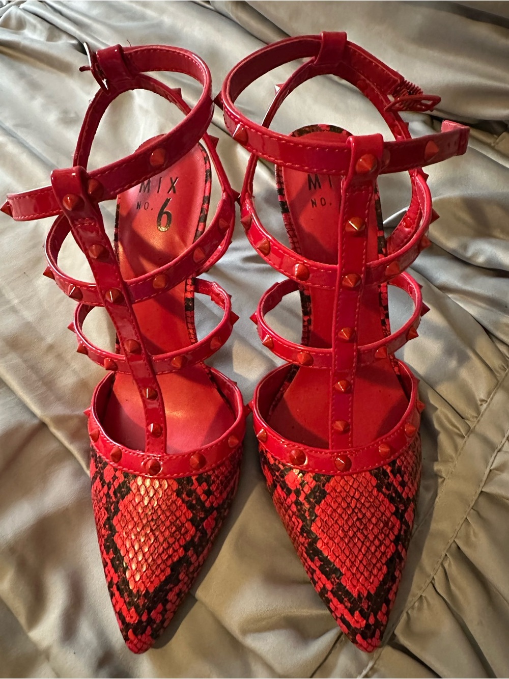 Mix No. 6 Red Snakeskin Pointed-Toe Studded Strappy Heels.  NWOT